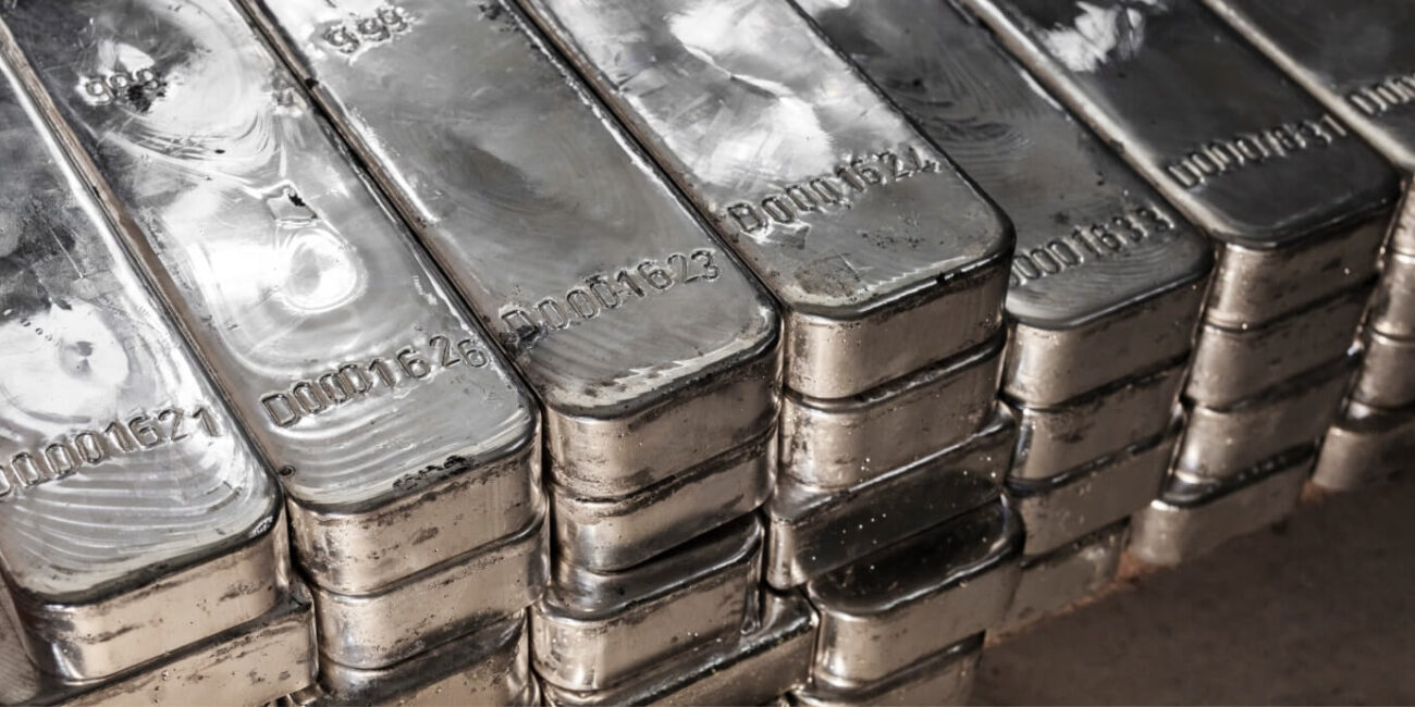 A top down view of a stack of silver bullion bars
